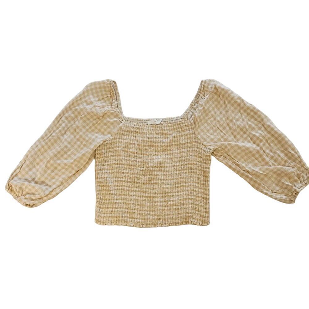 Lush Taupe Gingham Smocked Top Square Neck Puff Sleeve Shirt Womens Size XL